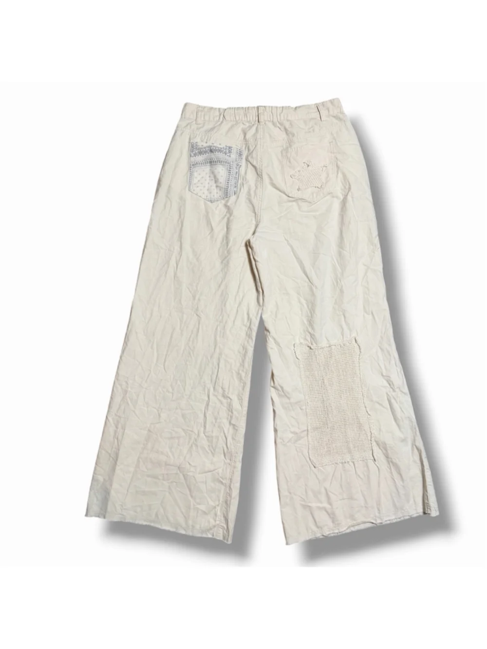 POL Womens Denim & Twill Embroidered Patchwork Wide Leg Pants MED Cream Lace EUC - Picture 5 of 9